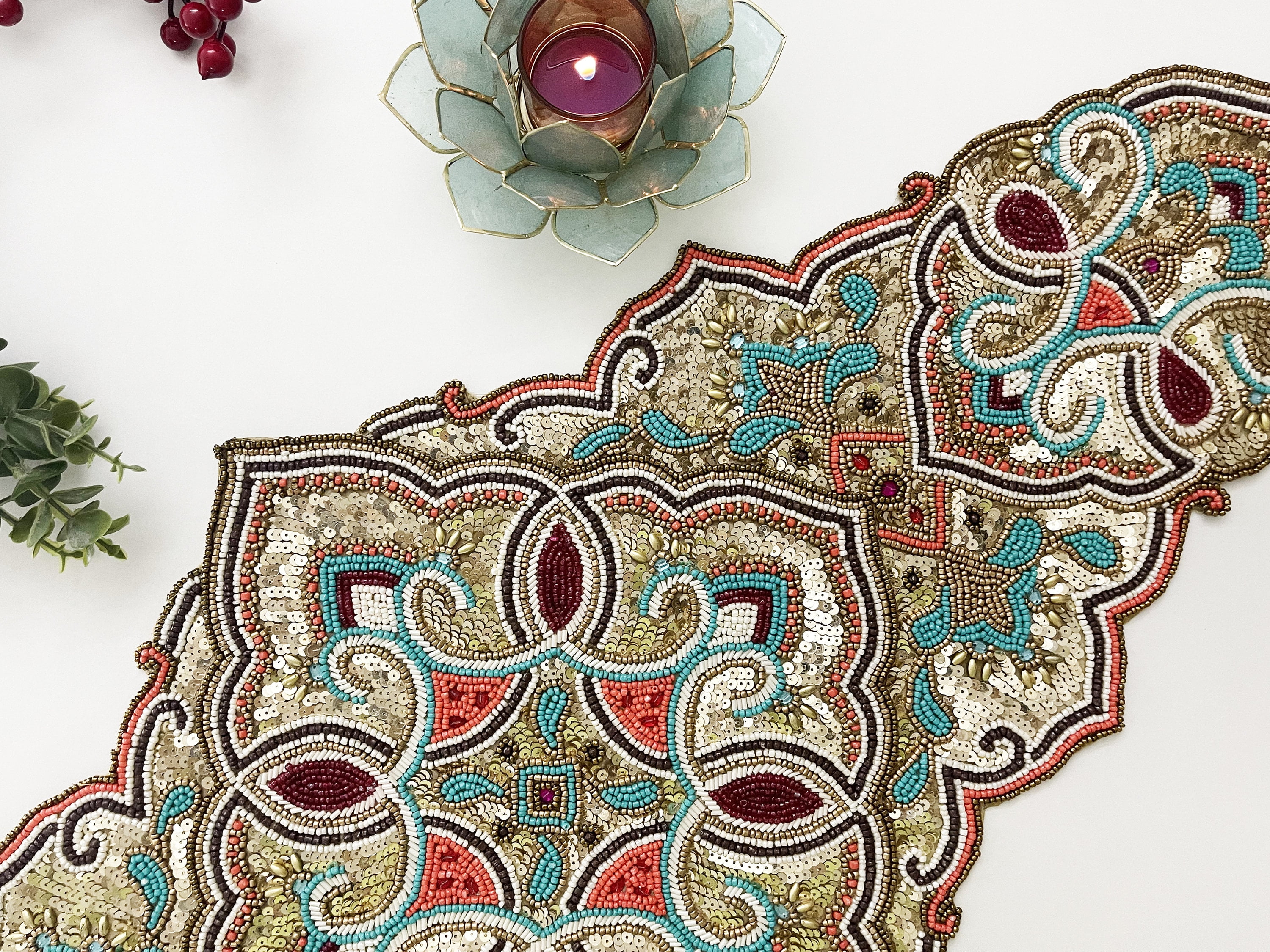 Handmade table runner, luxury beaded runner, centerpiece multicolor, 13x36inch