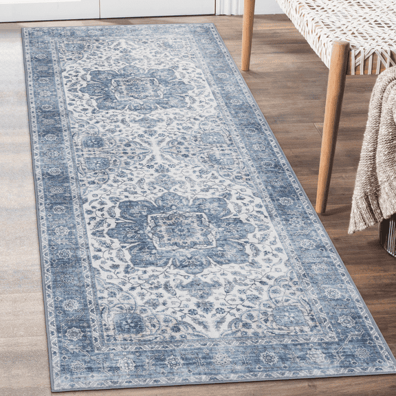 ReaLife Machine Washable Rug - Stain Resistant, Non-Shed - Eco-Friendly, Padded, Family & Pet Friendly - Made from Premium Recycled Fibers - Vintage Bohemian Medallion - Blue Ivory, 2'6" x 6'
