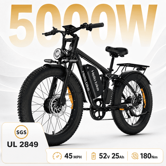 Electric Bike, 52V 25Ah 5000W Dual Motors, 26" Fat Tires Adult, 45mph 100 Mile, Full Suspension, Hydraulic Brakes Ebike, for Off-Road Mountain UL 2849