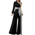 thumbnail image 2 of Pitauce Jumpsuits for Women Patchwork Cold Shoulder Long Sleeve Jumpsuit Straight Wide Leg Pants Sparkling Long Romper with Belt, 2 of 6