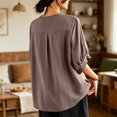 thumbnail image 5 of Womens Embroidered Cotton Linen Tops Summer Casual Boho Linen Mid Cuffed Sleeve Shirts V Neck Vacation Work Daily Blouses, S, 5 of 8