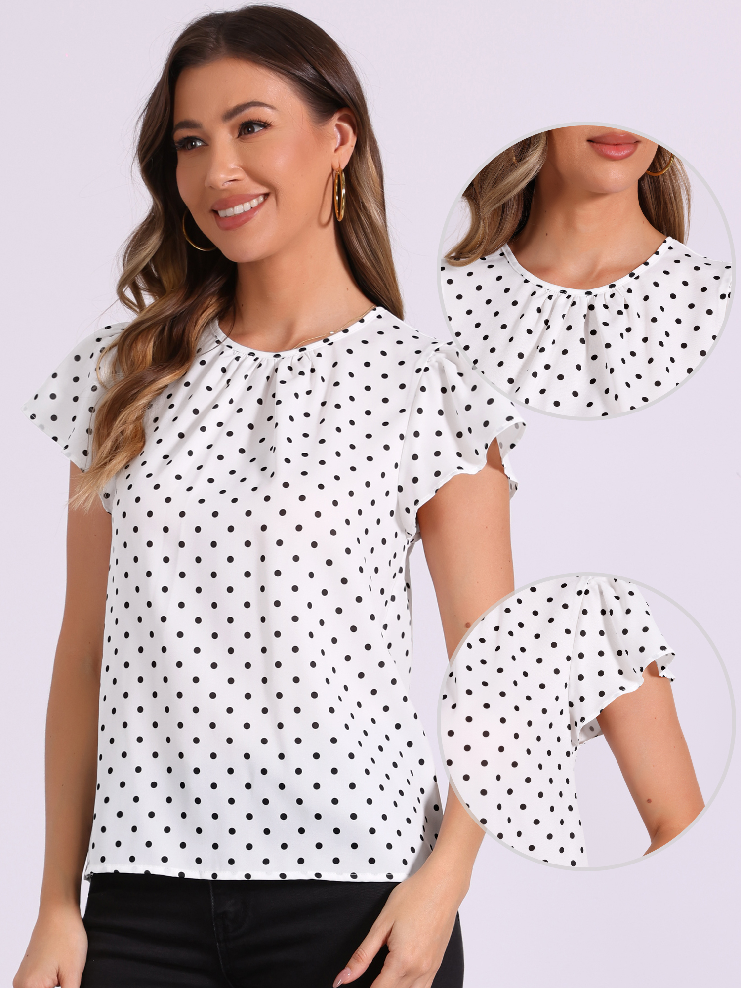 DARING DIVA Women's Puff Sleeve Round Pleated Neck Office Blouse M White