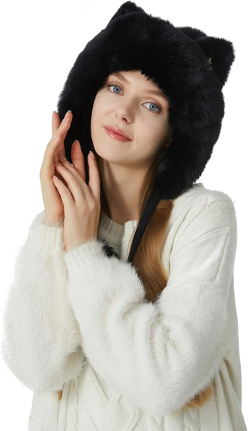 Women Winter Cover Ears Beanie Hat Ear Flaps Ski Snow Hats Knit Fleece Lined 3 Pom Pom