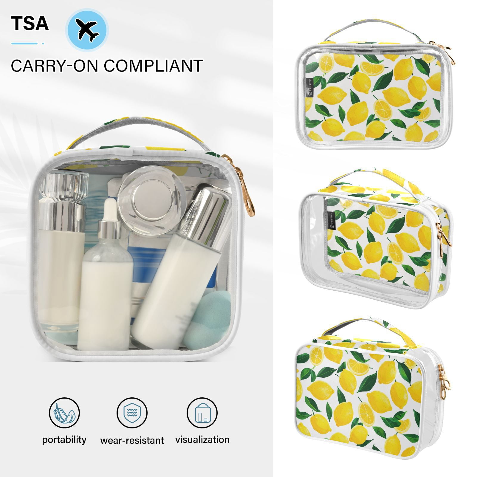 Clear Makeup Bags with Handle Large Opening 2 Pack Set Toiletry Bag Quart Size Bag, for Women Man Traveling Travel Essentials, Toiletries and Other. Lemon Pattern