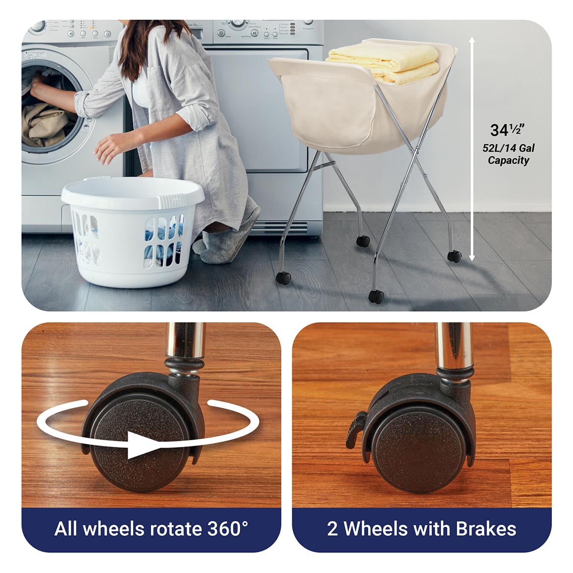 Laundry Cart With Wheels, Collapsible with Removable Liner, Rolling Hamper Cart with Tubular Metal Frame, White Bag Included – Measures 23" x 18" x 32"