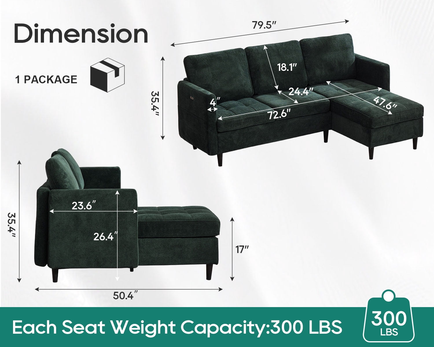 77.6" 4-in-1 L-Shaped Sectional Sleeper Sofa, Chenille Modular Couch with Storage Chaise, Usb/Type-C Ports & Side Pocket, Dark Green