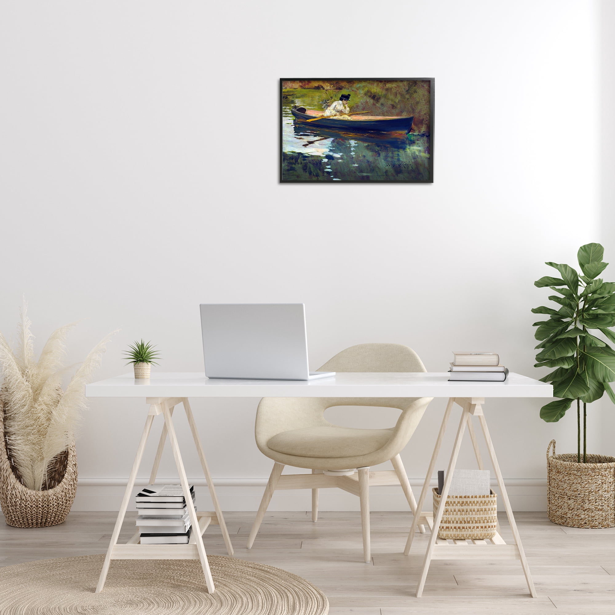 Stupell Industries Thoughtful Woman on Canoe Novelty Painting Black Framed Art Print Wall Art, 24 x 16