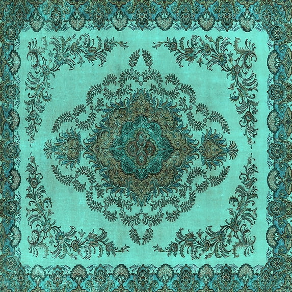 Ahgly Company Machine Washable Indoor Square Oriental Turquoise Blue Industrial Area Rugs, 8' Square