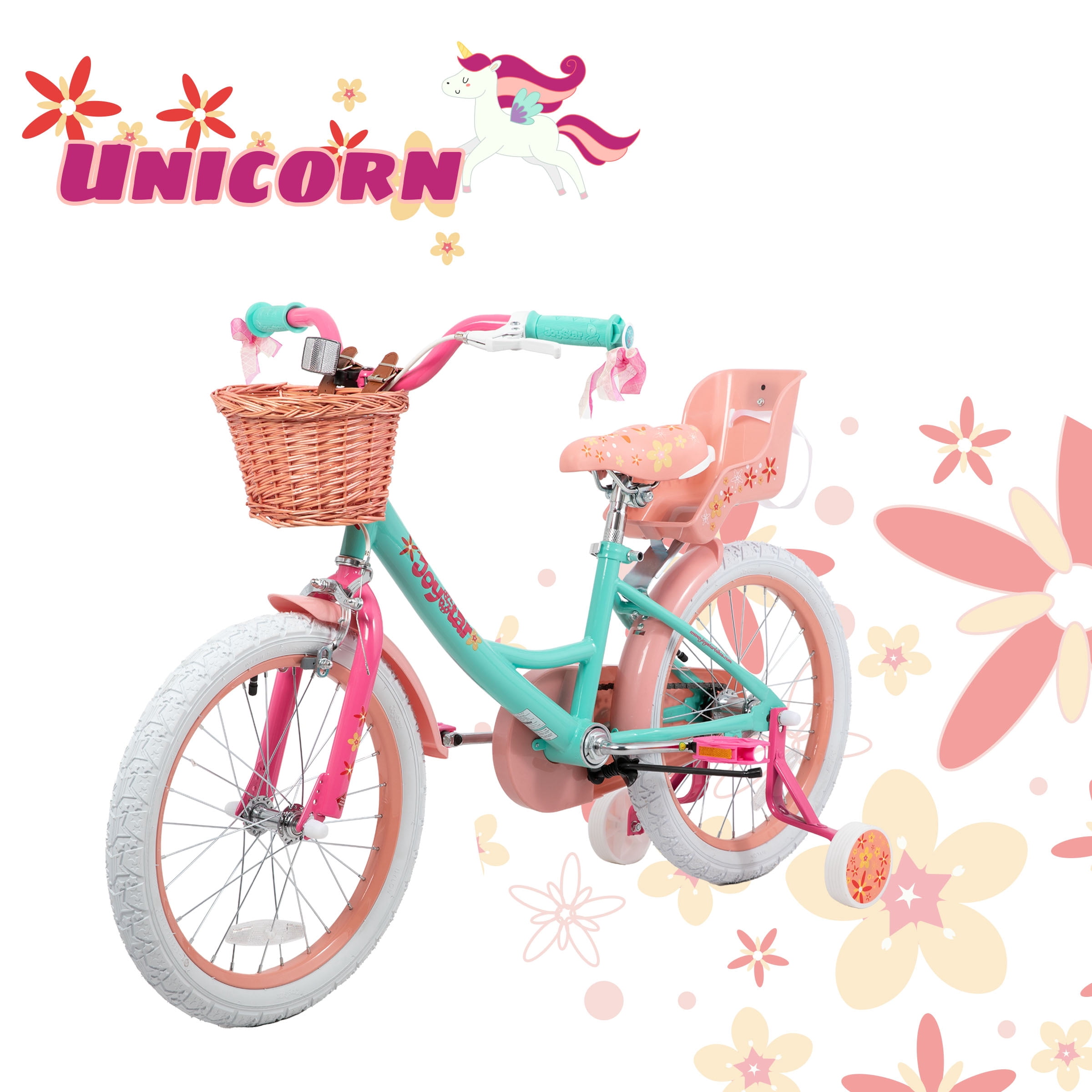 JOYSTAR Unicorn 18inch Girls Bike, Green, DIY Decals, Basket, Doll