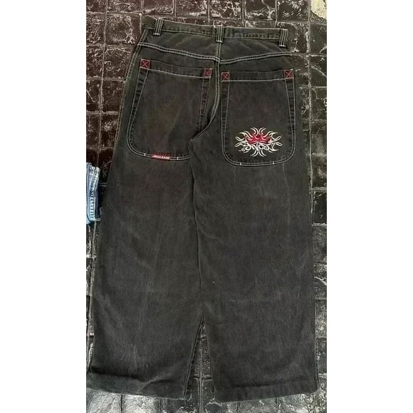JNCO women jeans Y2K Harajuku Gothic Flame Poker Embroidery Graphic boyfriend jeans for women streetwear Hip Hop wide leg jeans ZR