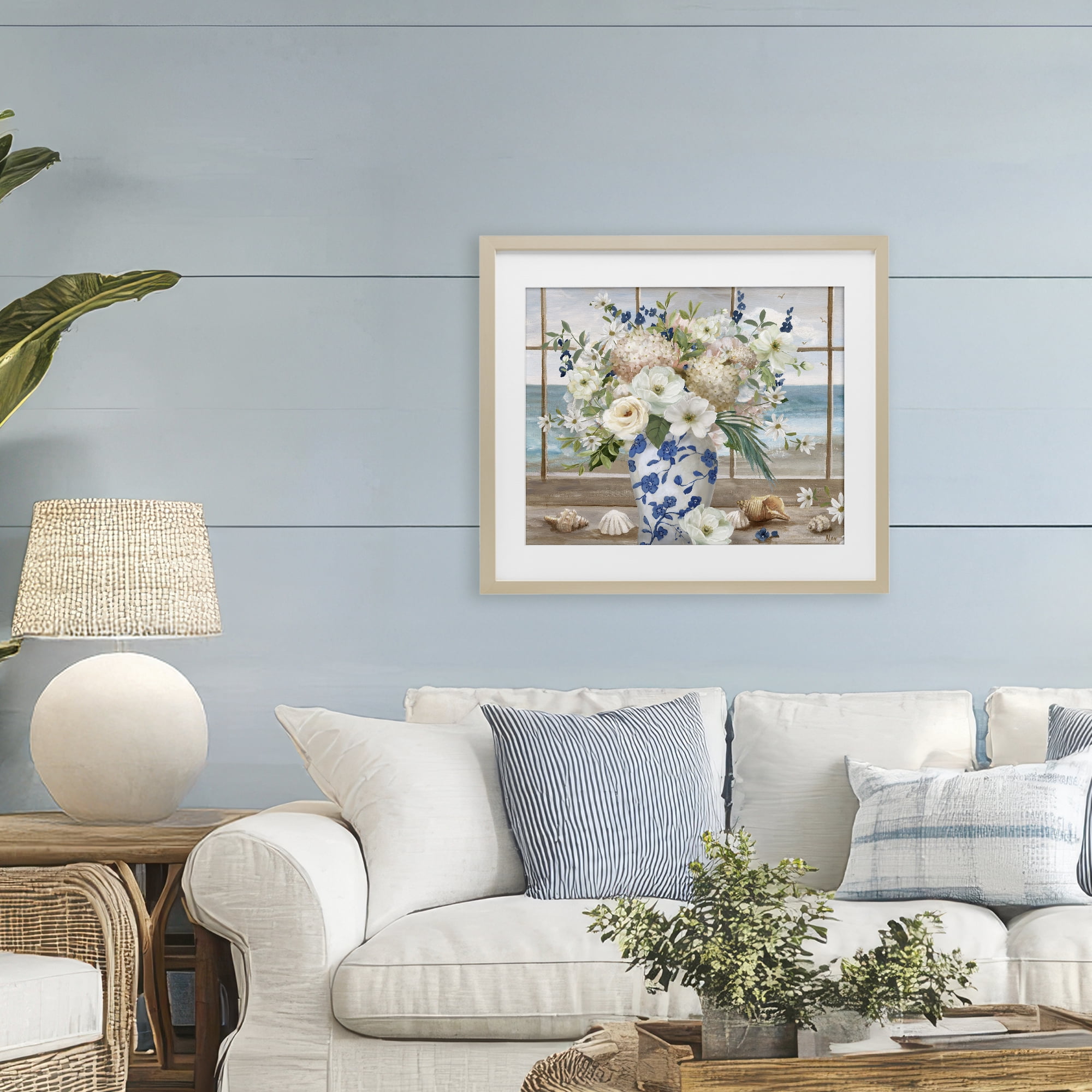Stupell Industries Seashells & Flowers Windowsill Birch Framed Print Under Glass, design by Nan