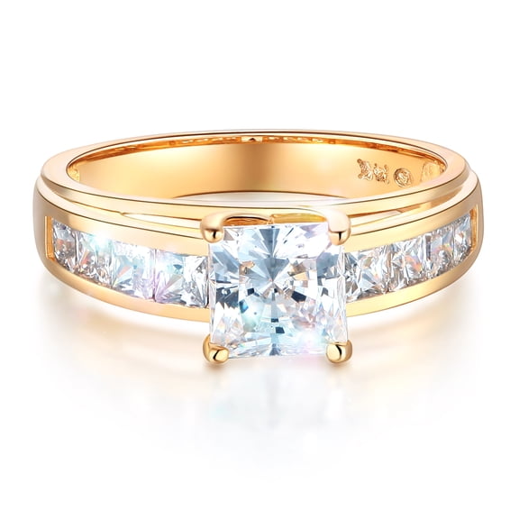 Wellingsale Ladies Solid 14k Yellow Gold Polished CZ Cubic Zirconia Princess Cut Engagement Ring with Side Stones - Size 4
