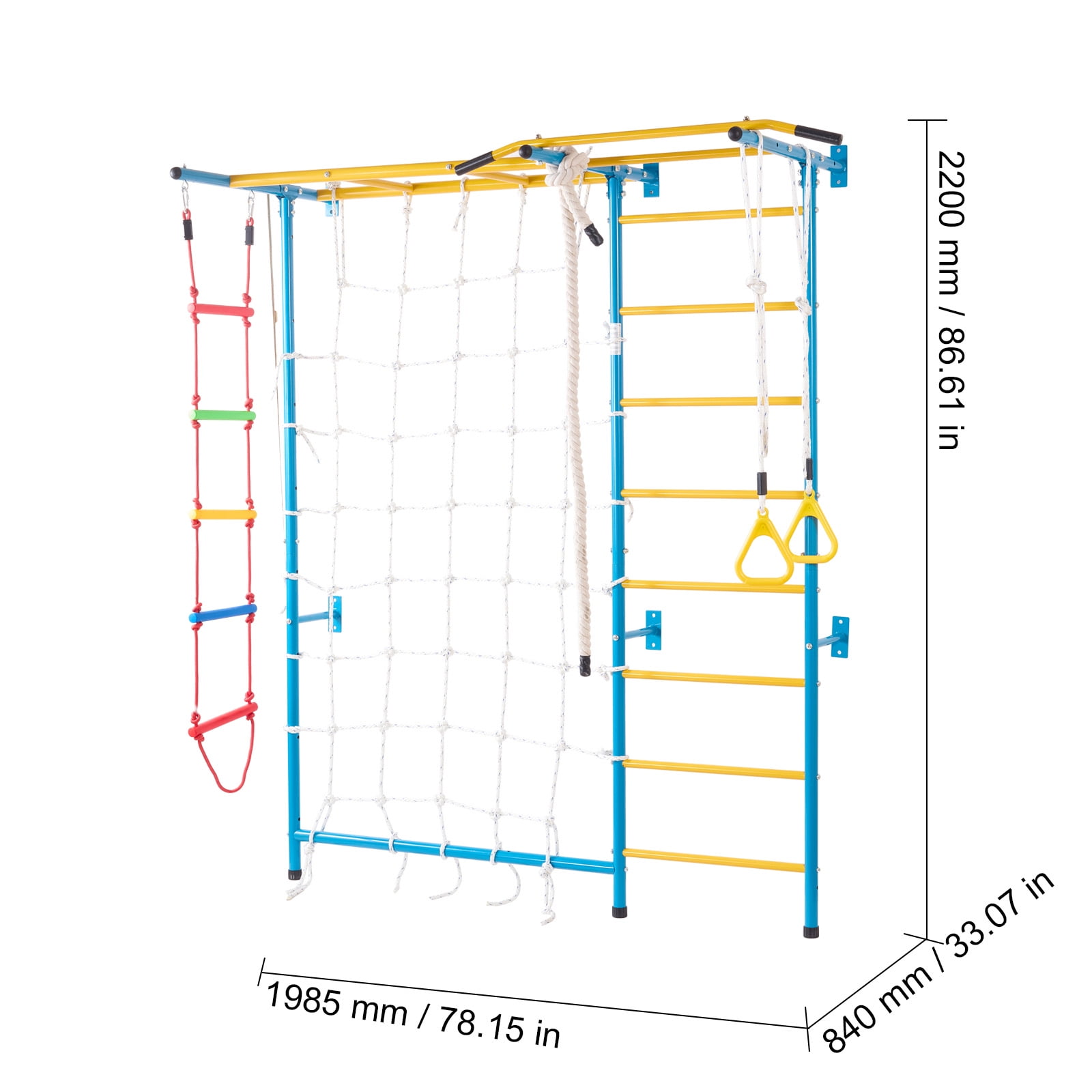 KFFKFF Indoor Play Equipment for Young Kids, 7-Feature Climbing Structure with Carbon Steel Swedish Steps, Wall Steps, Chin-Up Bar, Cord Steps, and Athletic Loops, Holds up to 220 lbs, Various Colors