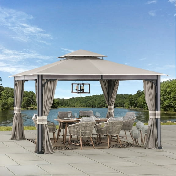 Sunjoy Roberts Outdoor Patio Steel Frame11 x 13 ft. 2-Tier Soft Top Gazebo with Light Gray Canopy Roof, Netting, and Curtains