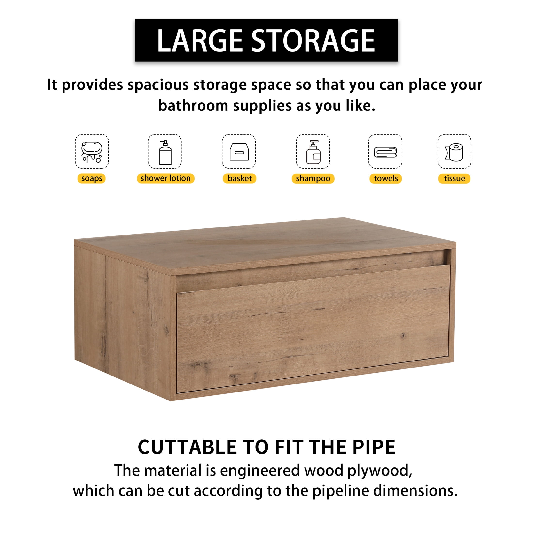 Noble House 30" Wall-Mounted Left Bathroom Vanity, Resin Sink, Soft-Close Drawer, Mid Century Design, Imitative Oak