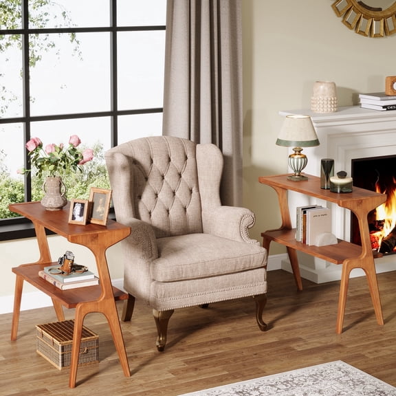 Set of 2 Wood Side Tables, Tall Slim End Tables with 2-Tier Storage Shelves, Modern Narrow Side Table for Living Room, Couch, or Bedroom Nightstands