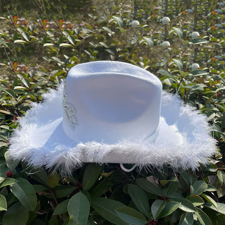 LOSIBUDSA Women's Cowboy Hats Fluffy Trim Felt Cowgirl Hat Feather