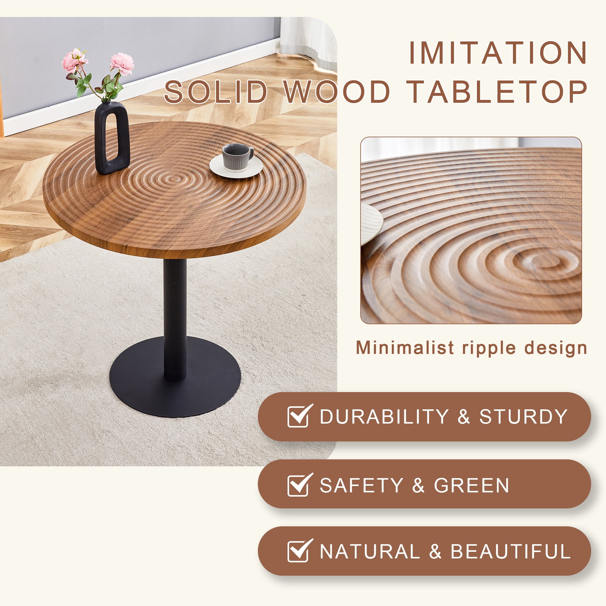 31.5 Inch Round Dining Table, Small Modern Dining Table with Dark Wood Grain Top & Black Metal Pedestal Base, MDF Kitchen Table for Dining Room, Apartment, Breakfast Nook, Compact Space