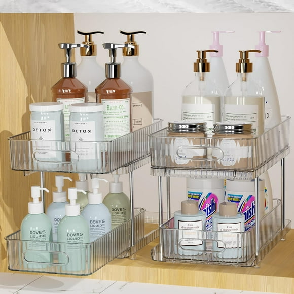 Bathroom Cabinet Organizer, 2 Tier Pull Out Clear Under Sink Organizers and Storage, Multi-Purpose Kitchen Pantry Medicine Organization and Storage Shelves Bins with Movable Dividers