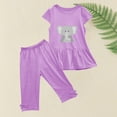 thumbnail image 4 of Shirts for Girls, Girls Summer Round Neck Small Print Short Sleeved Flying Sleeves Elastic Waist Cropped Pants Two-piece Set, 4 of 5