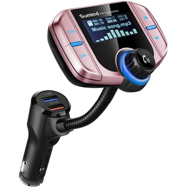 (Upgraded Version) Sumind Car Bluetooth FM Transmitter, Wireless Radio Adapter Hands-Free Kit with 1.7 Inch Display, QC3.0 and Smart 2.4A USB Ports,