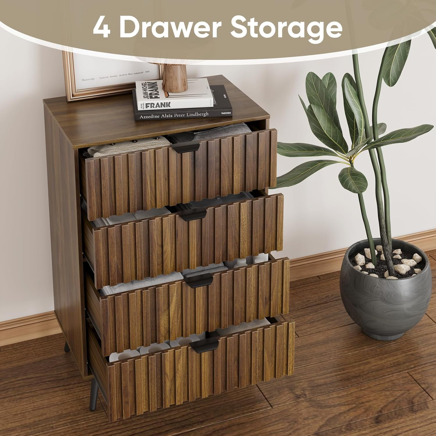 Semiocthome Dresser with 4 Fluted Drawers, Chest of Drawers Storage Cabinet, Walnut, Adult