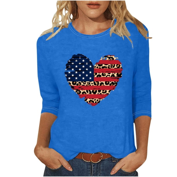 Camisetas de Manga Corta para las Mujeres Día de la Independencia Impreso Suelto Cuello Redondo Tee, Casual Y Blusas Festivas para las Mujeres Casual