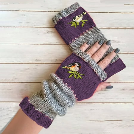 Ajshakl Winter Gloves Women Warm Knit Women Gloves Outdoor Winter Plus Velvet Embroidere Purple