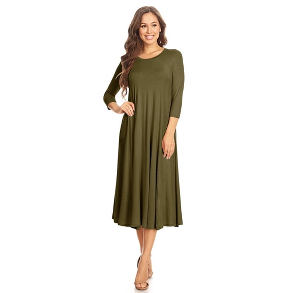 Women's Casual Basic Comfy 3/4 Sleeve Flare A-line Midi Long Maxi Dress