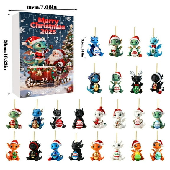 Dragon Christmas Advent Calendar 2025 with 24 Collectible Figurine Ornaments 7x10 Inch Holiday Countdown Calendar for Tree Decorations and Festive Displays