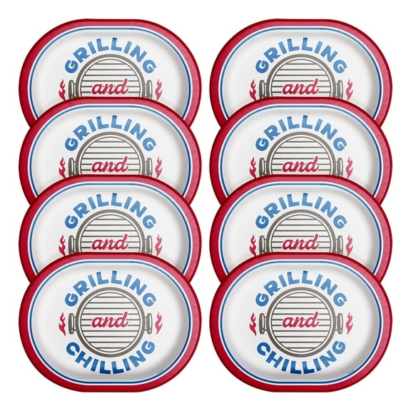 Red/White/Blue Grilling and Chilling Oval Disposable Paper Plates, 12" x 9.25", 8 Count, Patriotic by Way To Celebrate