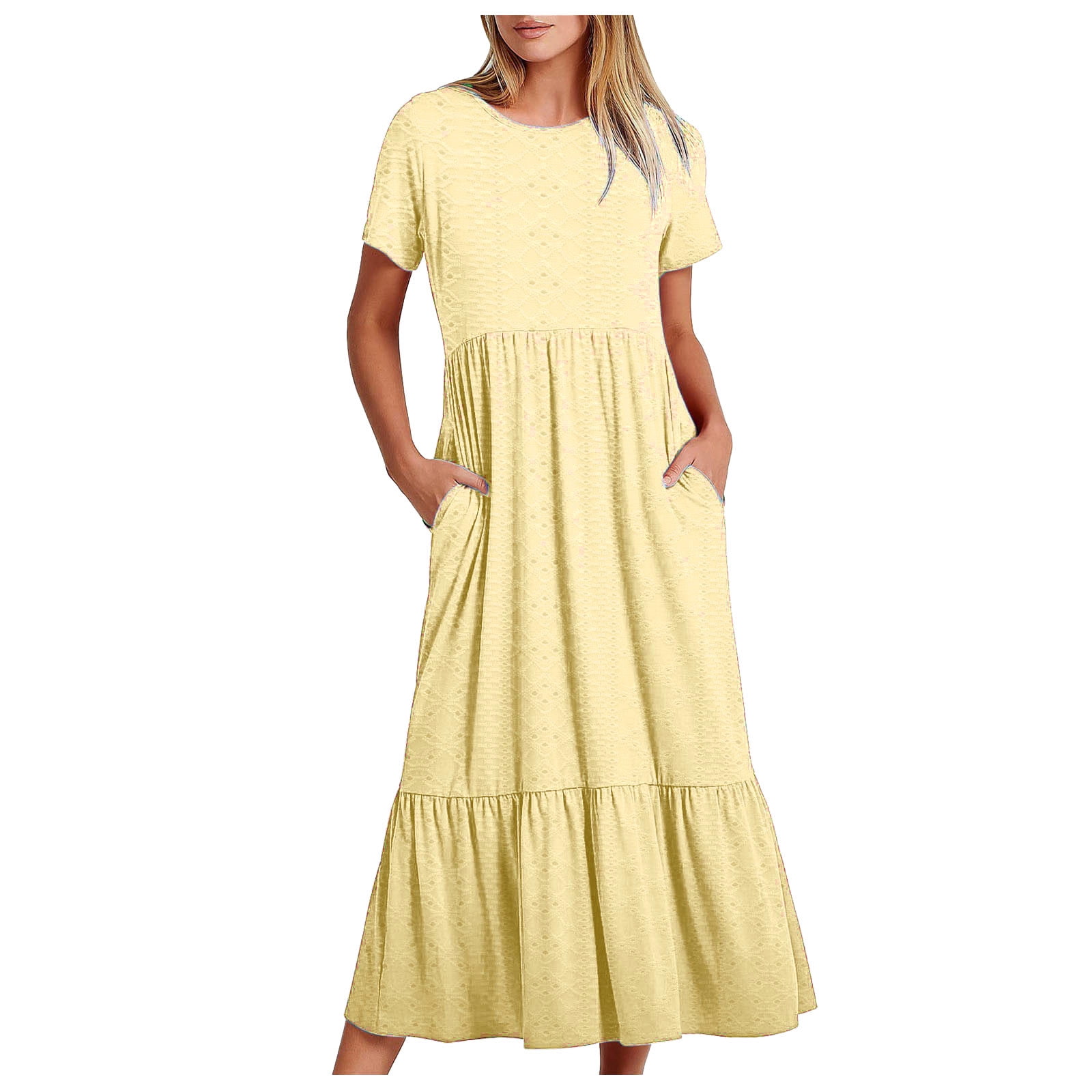 Sentmoon Semi Formal Dresses for Women Short Sleeve Solid Color Stretchy Wedding Guest Dress Summer 2026 Beach Regular Fit Crew Neck Plus Size Dresses for Curvy Women Yellow XXL