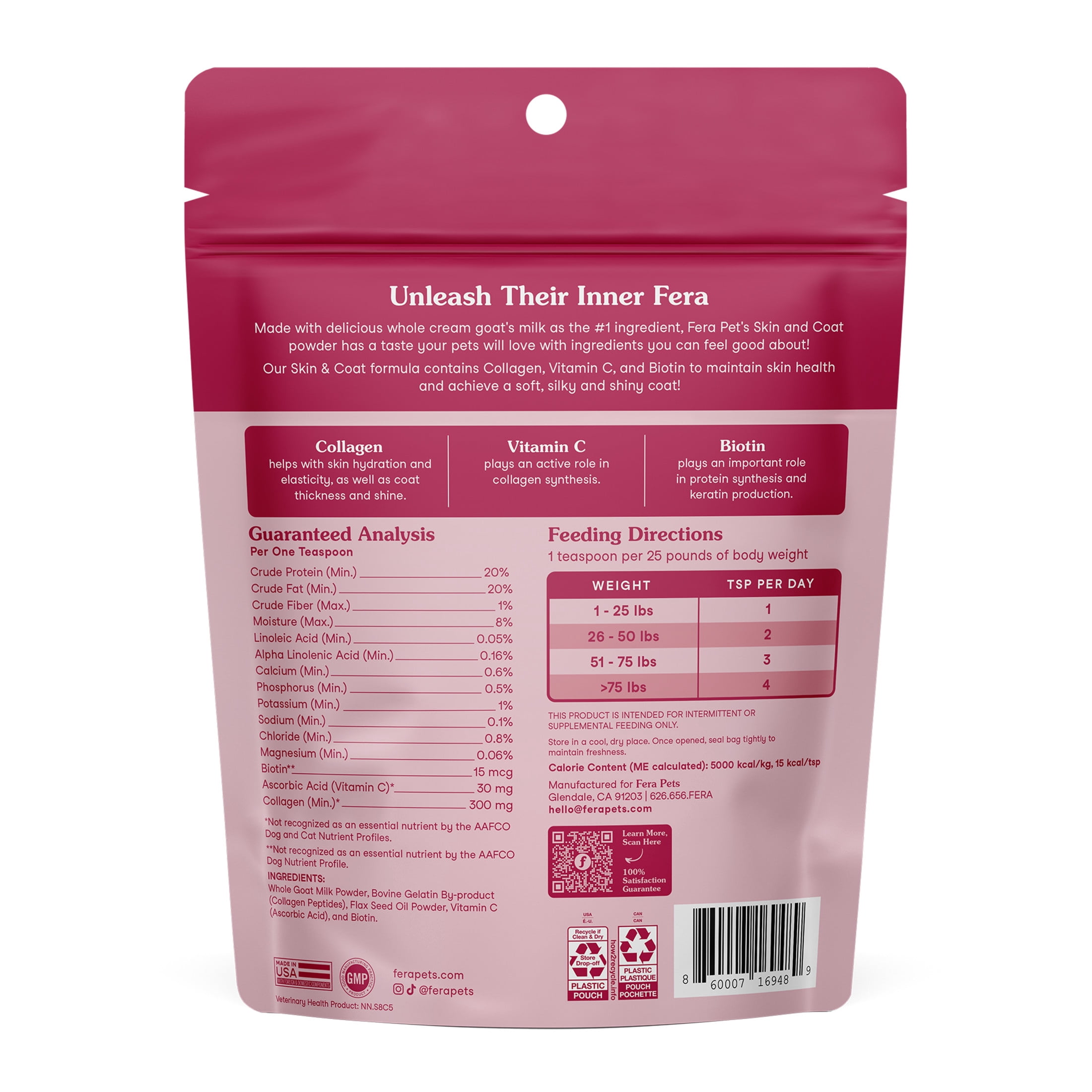 Fera Pets Skin & Coat Goat Milk Topper for Dogs & Cats - With Collagen & Biotin - 60 Servings