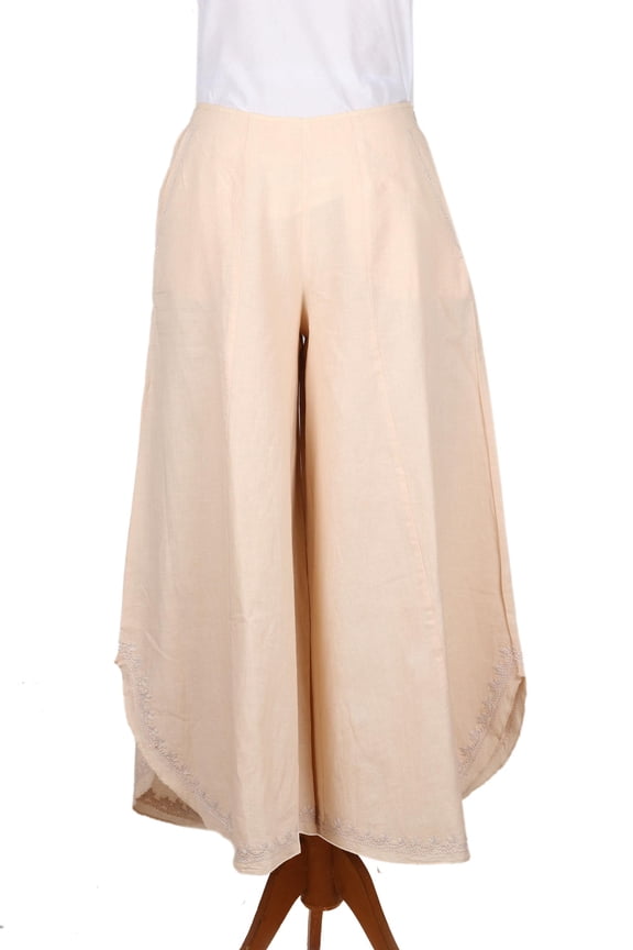 Artisan Handmade Cotton Linen Blend Wideleg Pants Legged Parchment Clothing Ivory Embroideredsolid India ' Lucknow Dreams'