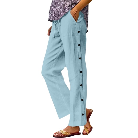 Linen Pants for Women 2026 Side Button Wide Leg Drawstring Elastic High Waist Loose Yoga Trousers Trendy Clothes with Pockets Sky Blue L
