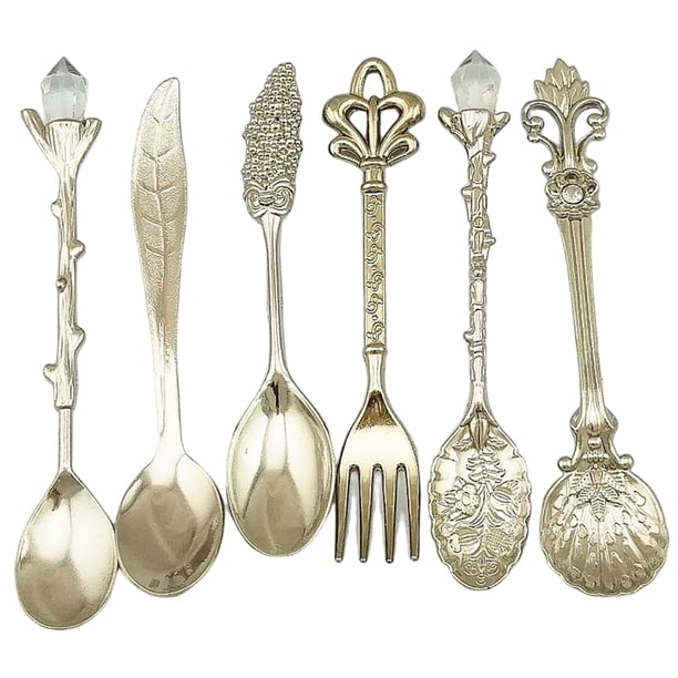 Billuyoard 2020 6 uds bronce tallado ecológico pequeño té café cucharas comida tenedor cuchara para mezclar Mostrada plata Billuyoard JJ6505-02