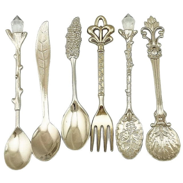 Toystoory De cucharas Retro para té y café, tenedor para comida, cuchara para mezclar, vajilla Vintage ecológica tallada en bronce Mostrada plata Toystoory JJ6505-02