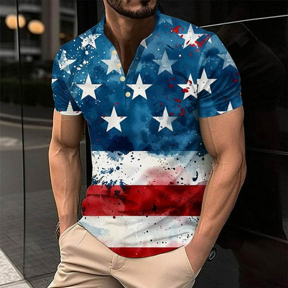 WAENQINLA Henley Shirts for Men Big and Tall 4th of July American Flag Patriotic Shirt Short Sleeve Button up Independence Day Shirt