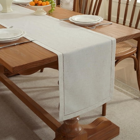 Linen Blend Table Runner – Light Natural Handmade Hemstitch, Classic Style for Spring & Summer (14" x 90")