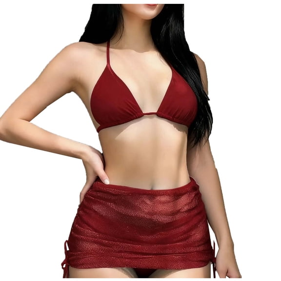 Yuanlook Women's 3 Piece Swimsuits Halter Neck Bikini Sets Triangle Bathing Suit with Beach Skirt Cover Up for Beach Holiday Poolside - Wine - XL