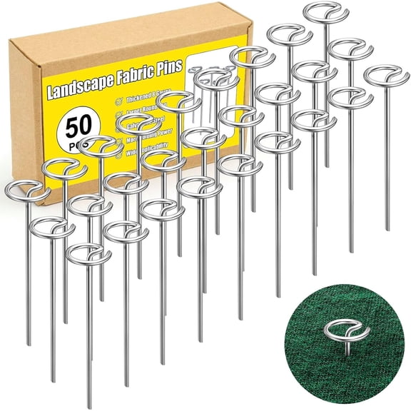 50 Pcs Landscape Pins, Thickened 8 Gauge Circle Top Landscape Fabric Pins, 6 Inch Galvanized Garden Stakes, Rust-Resistant, Heavy Duty Ground Pin for Securing Lawn Fabric Weed Barrier