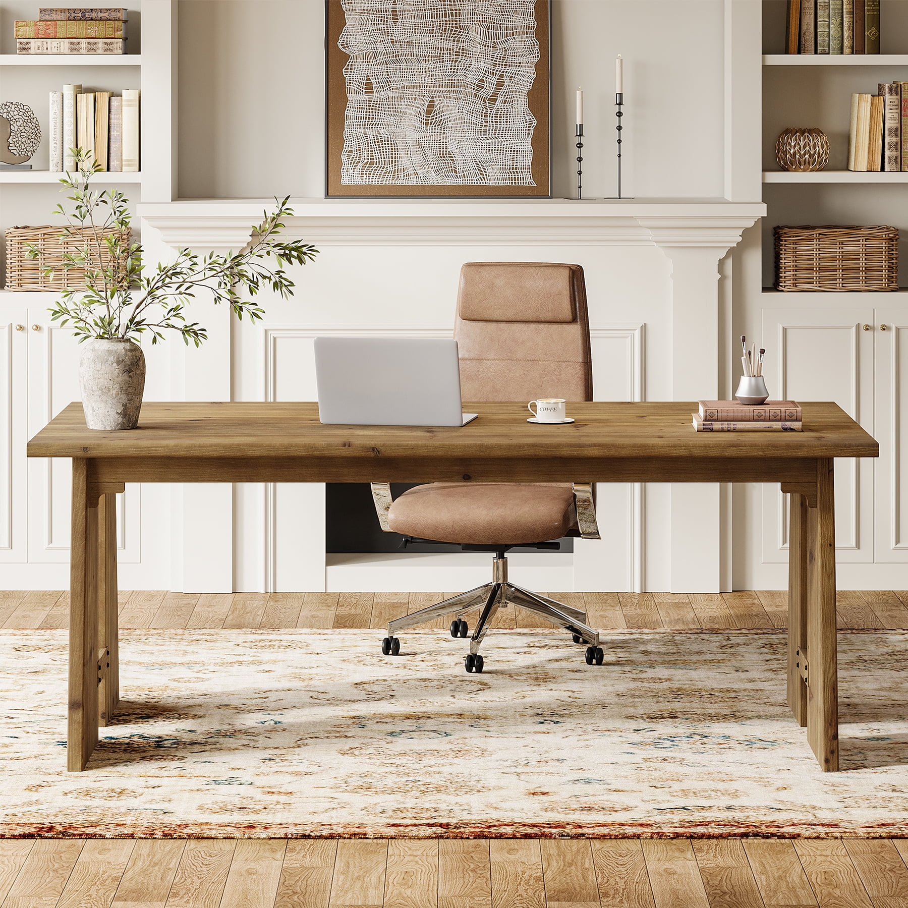 Finmind Solid Wood Executive Desk, 70.9-inch Long Office Computer Desk with Sturdy Legs, Farmhouse Writing Table Large Workstation, Brown