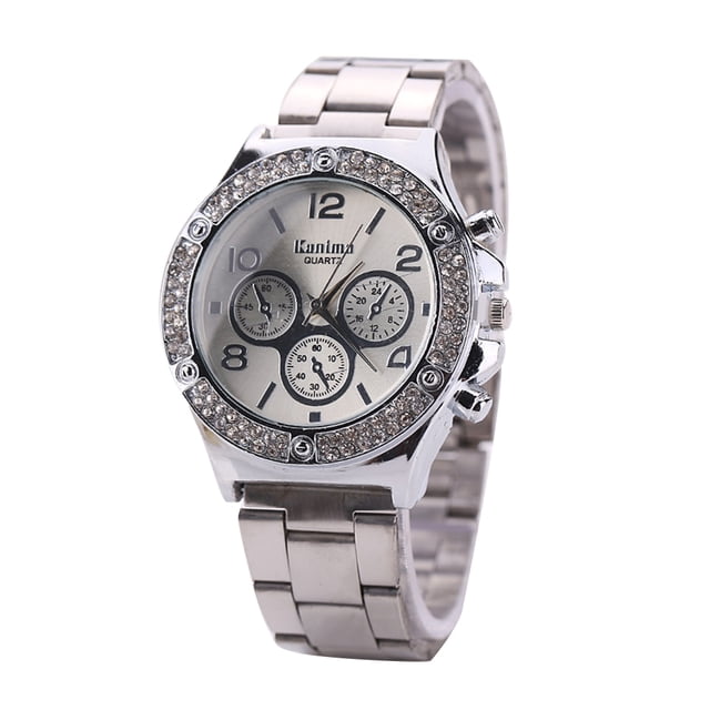 Reloj de pulsera de aleación con tres ojos y diamantes de imitación de cuarzo para mujer de moda informal (plateado)