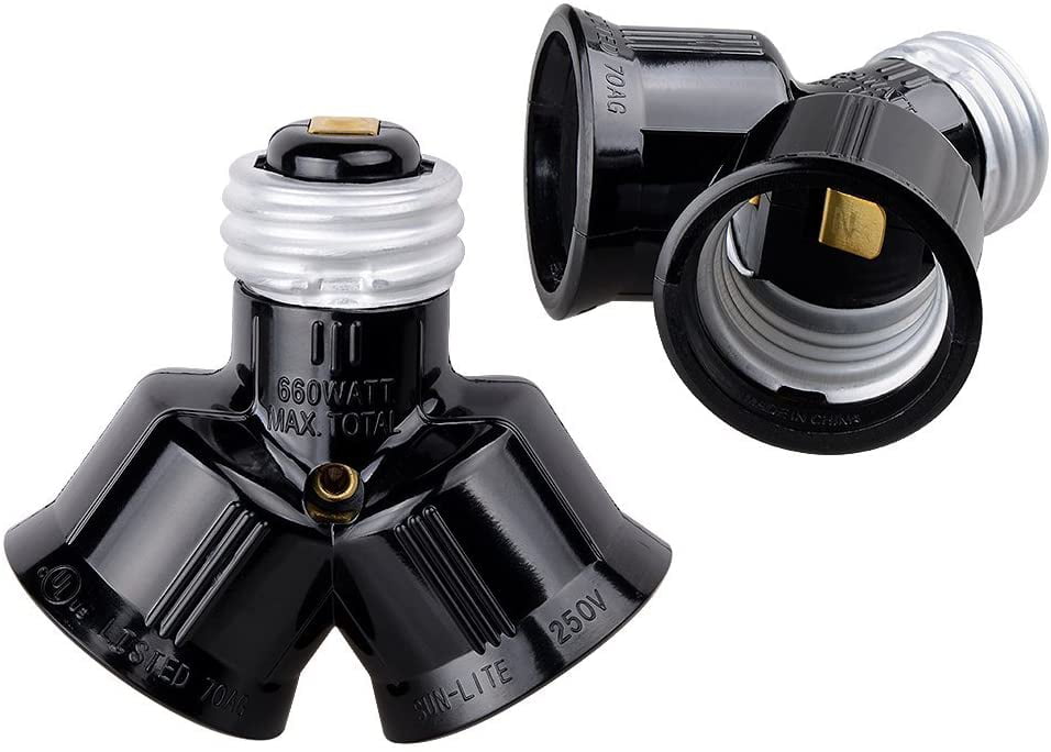 2PCS Edison Screw E26 To Dual Adapter Light Bulb Socket Splitter Black 