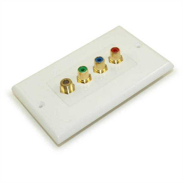 Wall plate 3 RCA component w/F connector (Coax) Gold Plated, White
