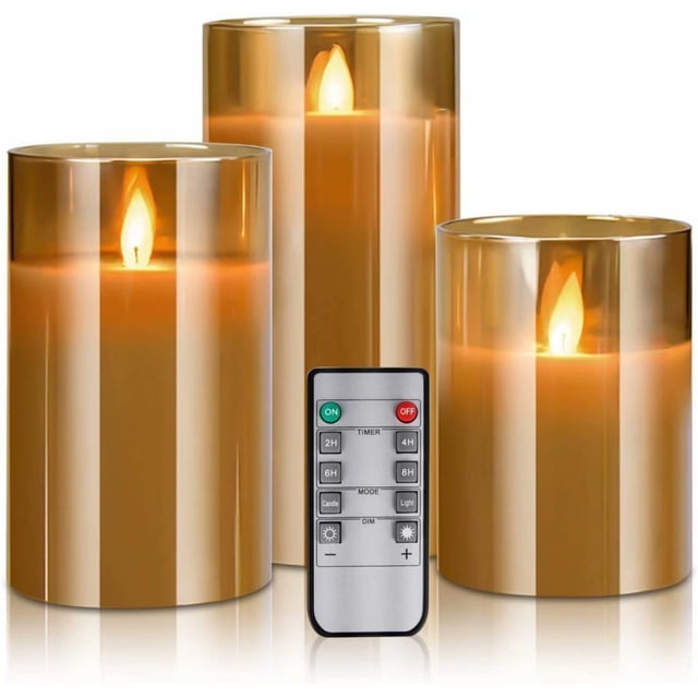 LED Flameless Candles, Battery Operated Flickering Candles Pillar Real Wax Moving Flame Electric Candle Sets Gold Glass Effect with Remote Timer