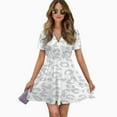 thumbnail image 2 of White Gray Leopard Cheetah Animal Print Women Dress V-Neck Short Sleeve Flowy Swing Party Midi Dress, 2 of 4