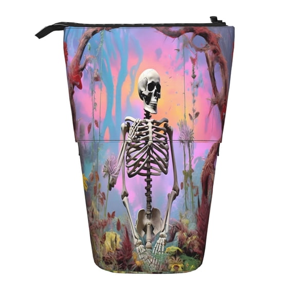 Xecao Sky Sunflower Skull Print Telescopic Pencil Bag Pen Holder Pop Up Stationery Case Stand-up Retractable Transformer Bag Standing Organizer