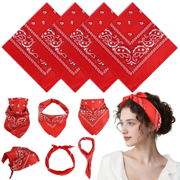 4 Pack Red Paisley Bandanas, Multi-Purpose Handkerchiefs and Headbands for Men Women, Classic Vintage Style Accessories