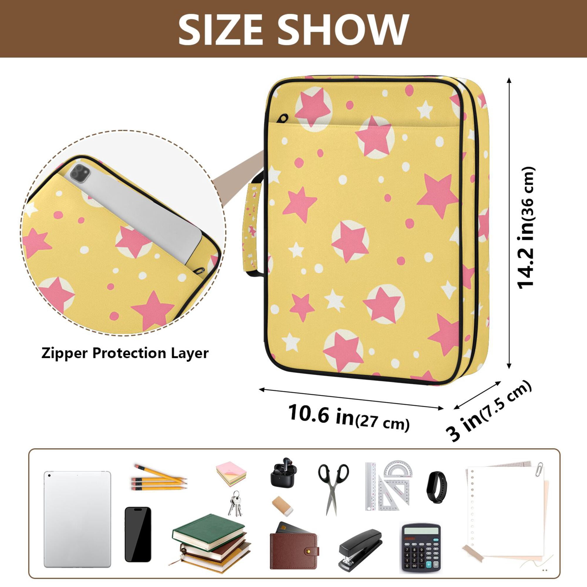 FORMRS Accordion File Folder A4 Size 7-Pocket Expanding Document Organizer Bag with 3 Ring Binder, Yellow Stars
